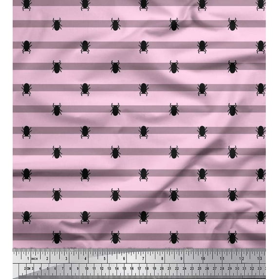 Soimoi Pink Viscose Chiffon Fabric Stripe & Beetles Insects Print Fabric by Yard 42 Inch Wide