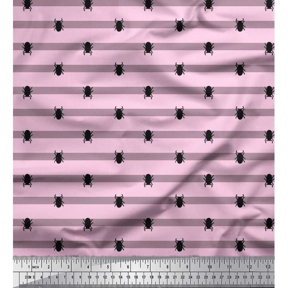 Soimoi Pink Velvet Fabric Stripe & Beetles Insects Print Sewing Fabric Yard 58 Inch Wide