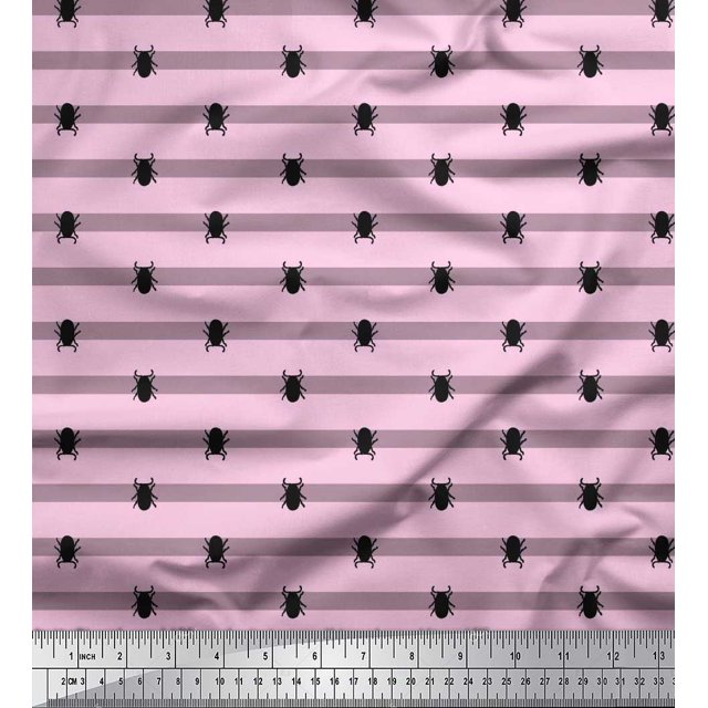 Soimoi Pink Rayon Crepe Fabric Stripe & Beetles Insects Print Fabric by the Yard 46 Inch Wide