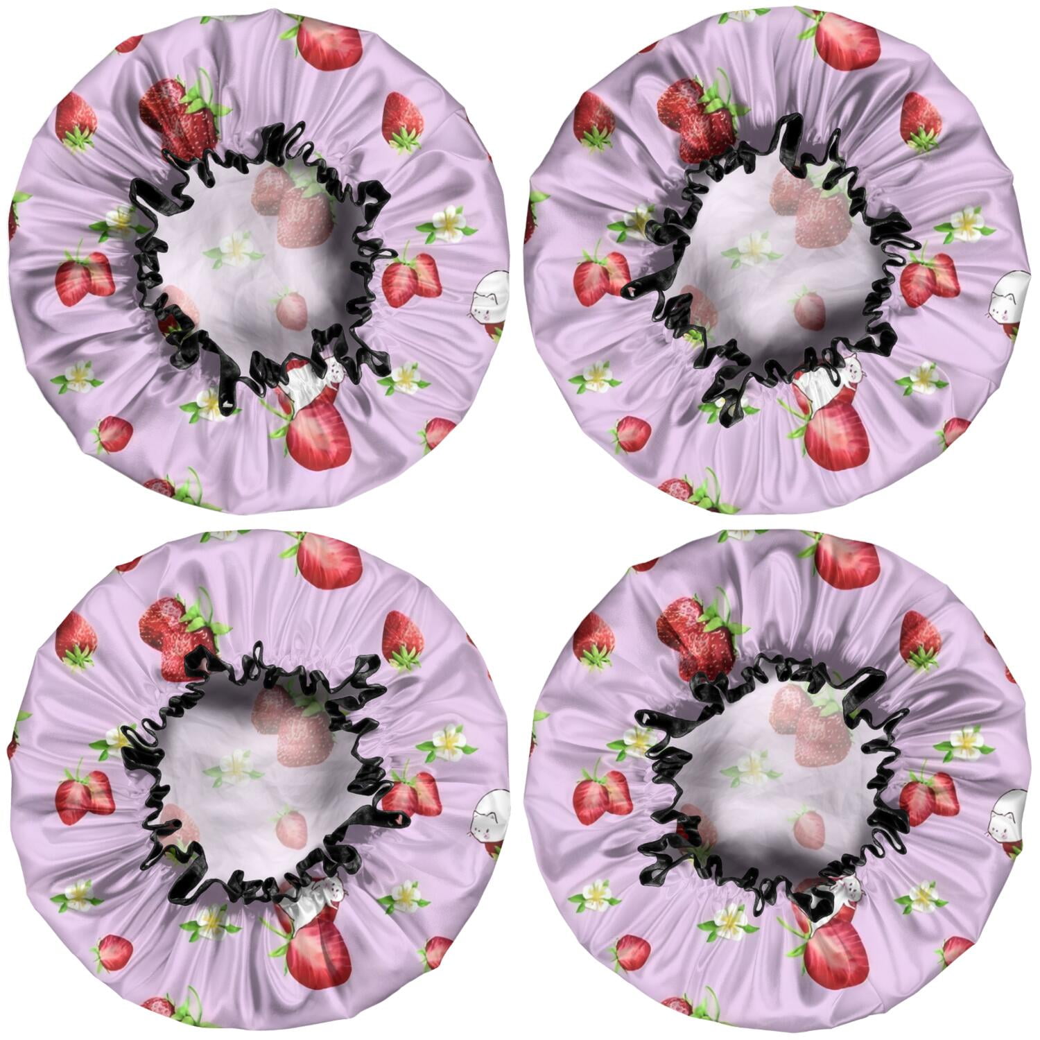 Shower Caps,Strawberry Plants Fruit Cat Flower Waterproof Shower Cap for Women 4 Pieces,Double Reusable Hair Cover for Shower PEVA Elastic Stretch Hem