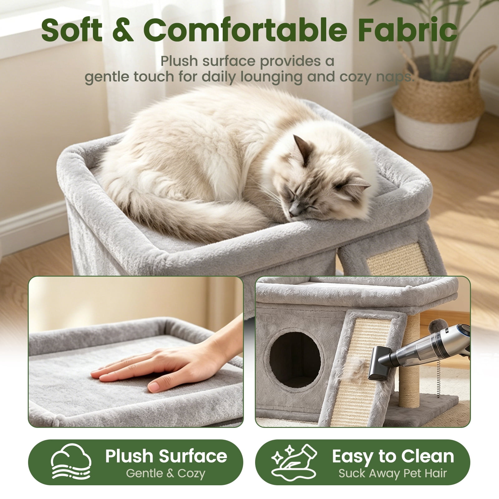 Cat Tree Tower with Perch Bed and Washable Top, Cat Tree with Sisal Scratching Posts, Condos, Plush Perches, Hanging Cat Toys, Extended Platform for Cats to Play and Sleep, Gray