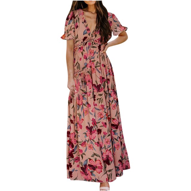 Robe à Manches Courtes Femme Été Mode Col en V Manches Courtes Imprimé Évasée Robe Décontractée