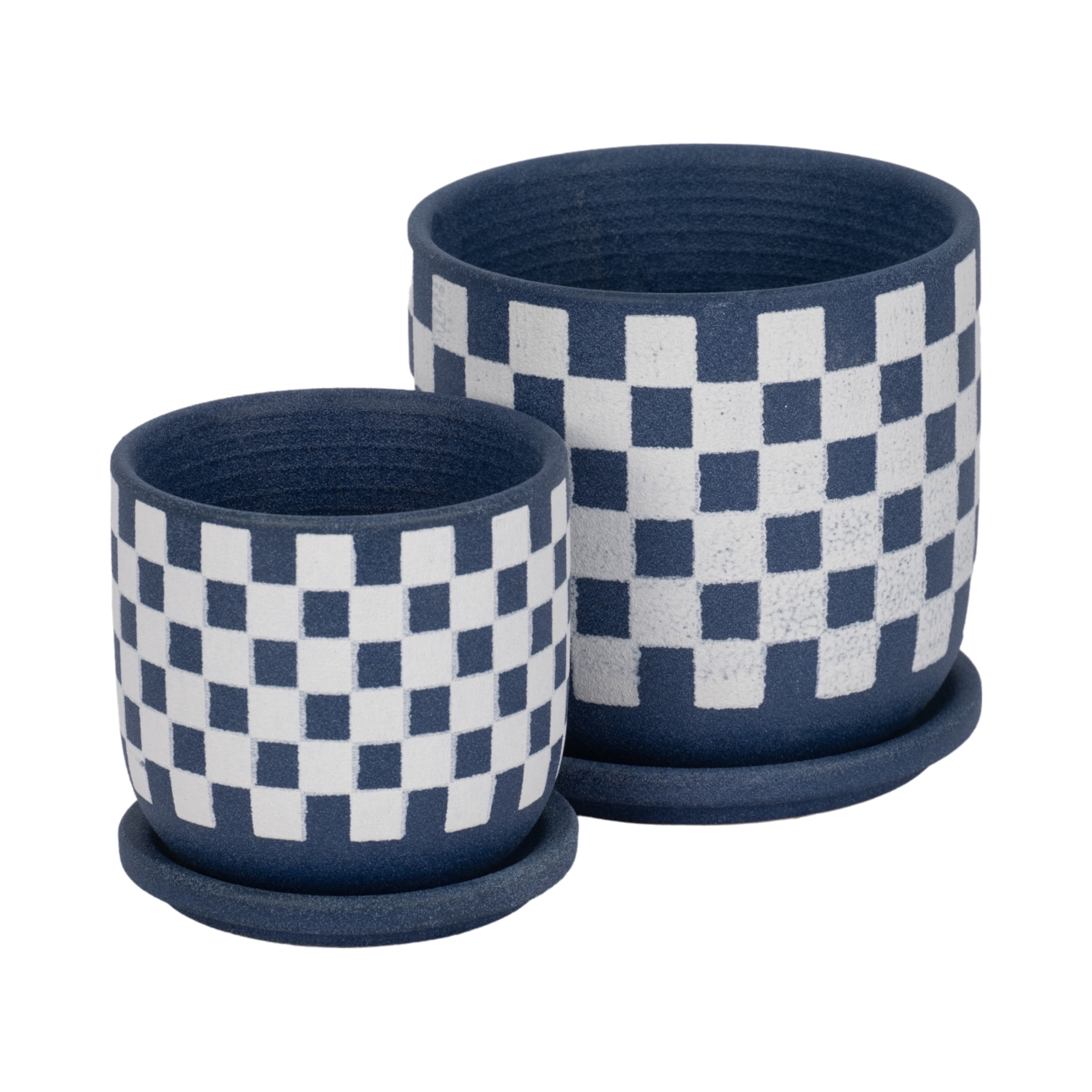 Round Checker Pattern Saucer Planters for Garden Decor - Ceramic Planter for Home and Living Room Decor - Sleek Flower Pots for Indoor and Outdoor Plants - Set of 2, 6", 5", Blue & White