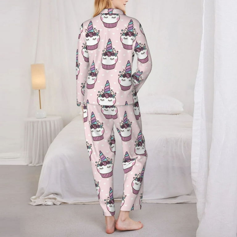 Pajamas for Women Set Cute Cupcake Soft Comfy Long Sleeve Button Up Pajama Sets for Women 2 Piece Sleepwear Nightwear Pjs Lounge Sets for Women