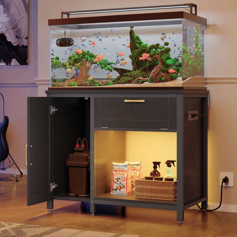40-50 Gallon Aquarium Stand With LED Lights & Power Outlets - Heavy Duty Metal Fish Tank Stand With Storage, Black