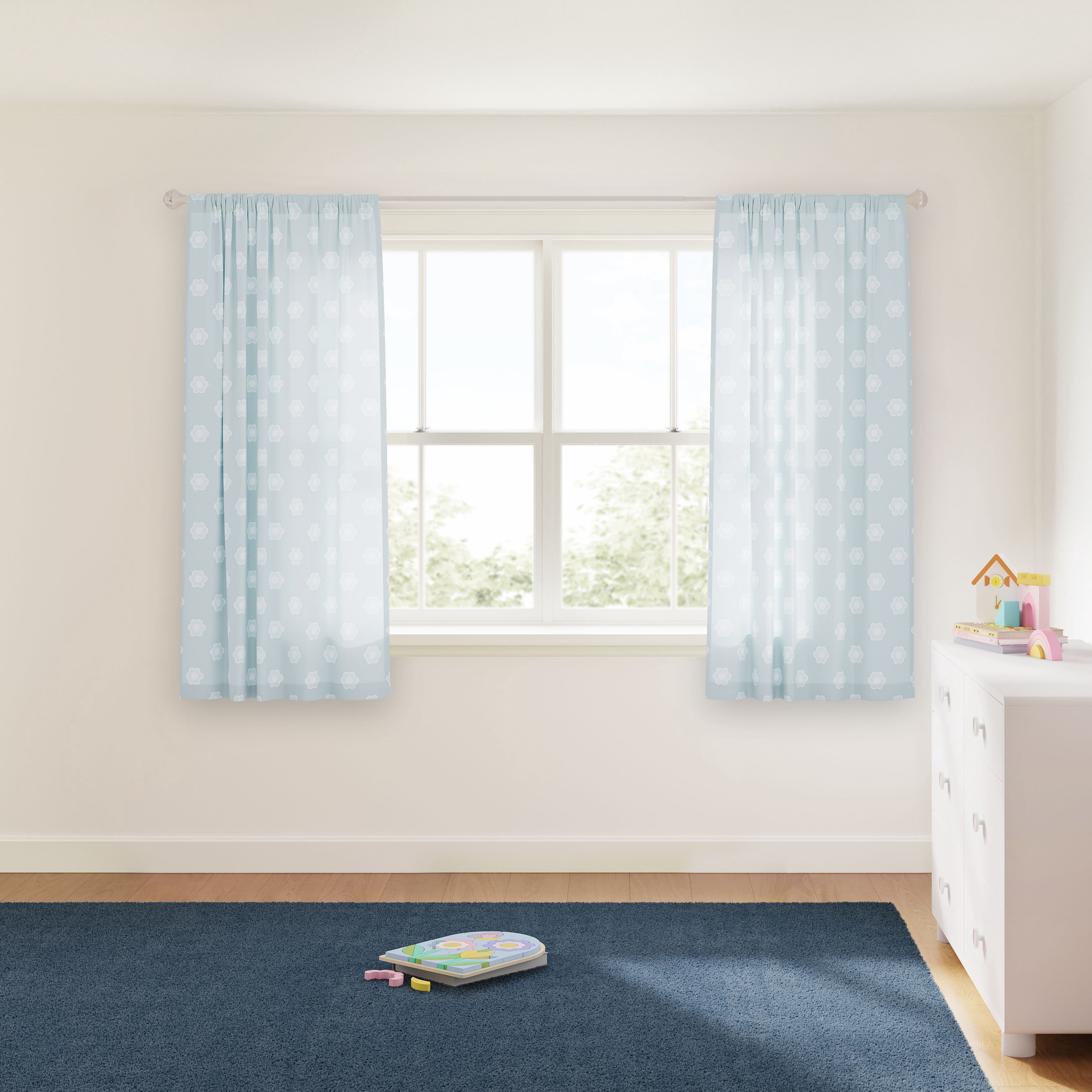 Mainstays Kids Aqua Blue Daisy Sheer Single Panel Curtain, 38" W x 63" L