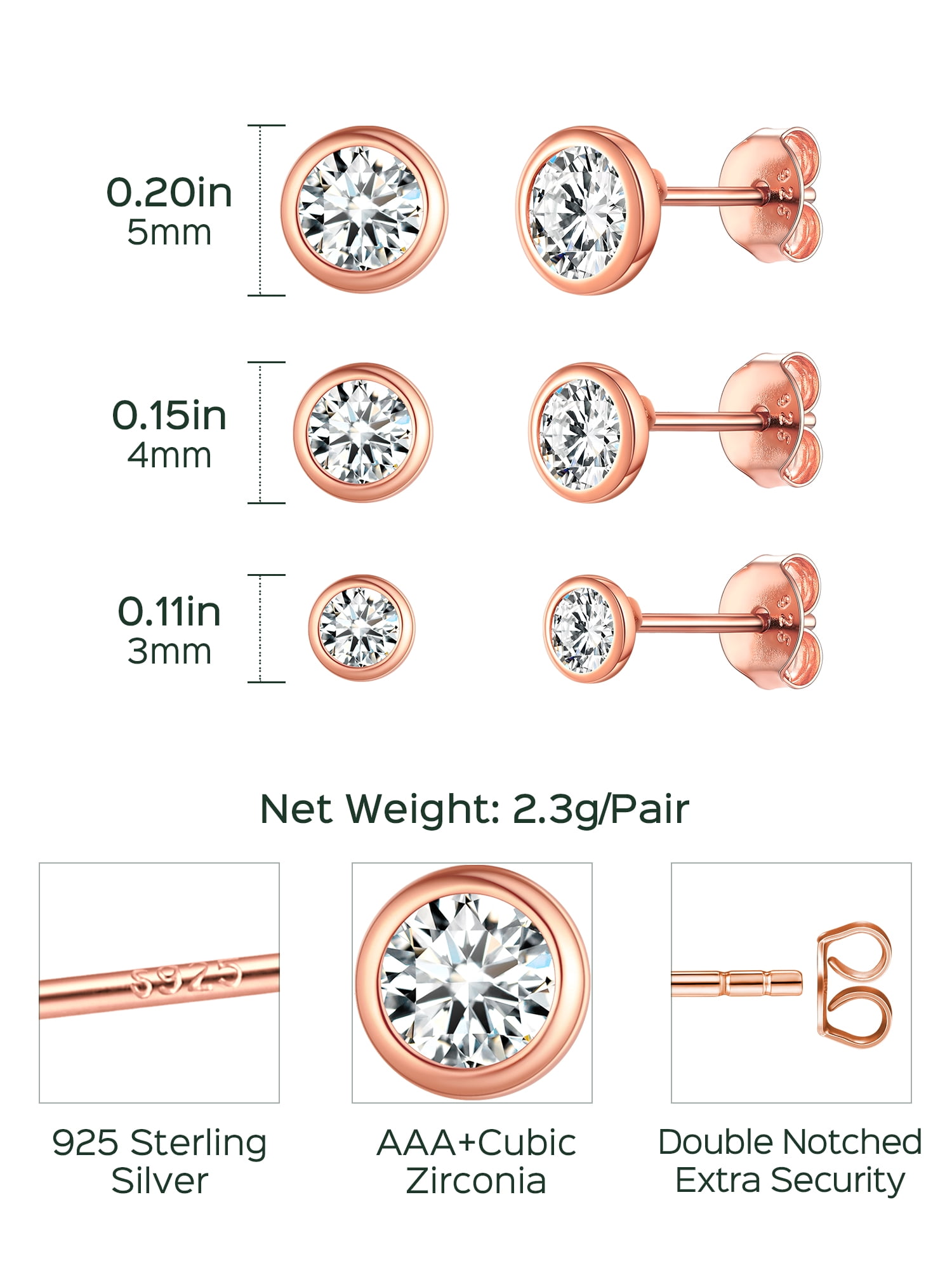 ChicSilver 3 Pairs Sterling Silver Stud Earrings for Women, 3/4/5MM Hypoallergenic Simulated Diamond Round Cubic Zirconia Ear Stud Set for Sensitive Ears, Rose Gold