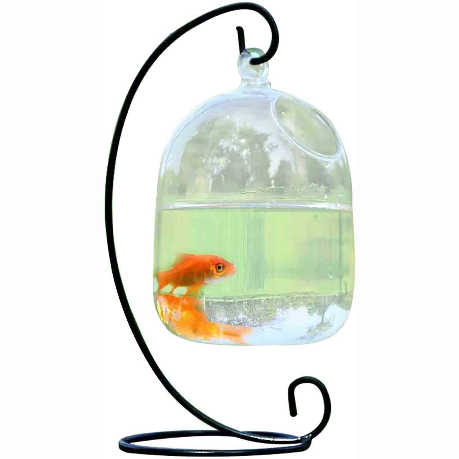 BOICXM Desktop Hanging Glass Fish Tank for Betta Fish Home Decor Mini Table Aquarium Glass Betta Fish Bowl Clear Fish Cylinder Bowl with Iron Stand 