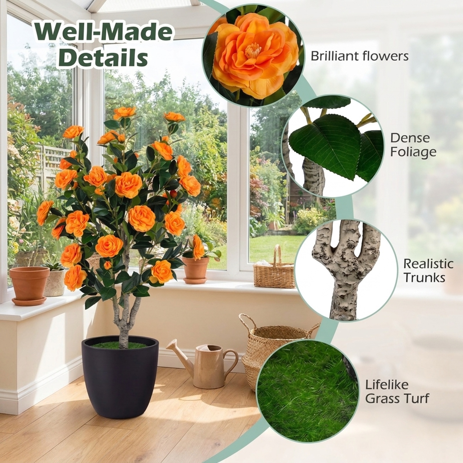 Vebreda Artificial Plant Decor, 39.5" Artificial Camellia Tree with Orange Blossoms in Cement Pot for Home Decoration, Selected Materials