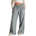 thumbnail image 2 of Tranfacy Girls Kids Summer Solid Full Length Trousers Linen Drawstring Wide Leg Side Pocket Pants, 2 of 5