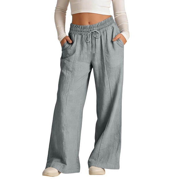 NAISIBABY Girls Cotton Linen Pants, with Pockets Wide Leg Drawstring Kids Baggy Lightweight Casual Pants Gray Size 14