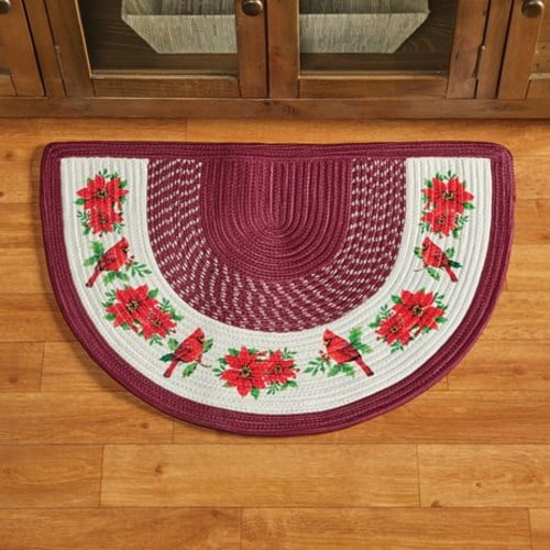 Cardinal & Poinsettia Braided Christmas Kitchen Slice Home Accent Rug 