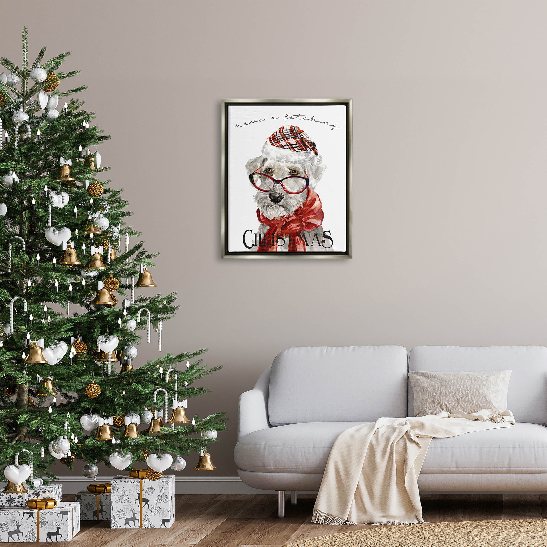 Stupell Industries Have a Fetching Christmas Dog Graphic Art Luster Gray Floating Framed Canvas Print Wall Art, Design by Livi Finn