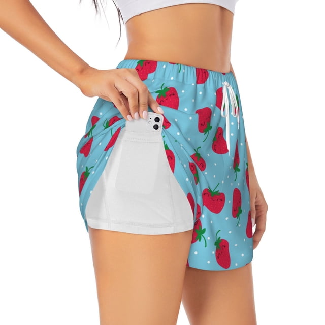 Balery Strawberries Pantalones cortos deportivos para mujer con forro y dos bolsillos, elásticos, para entrenamiento, gimnasio, yoga-XX-Large
