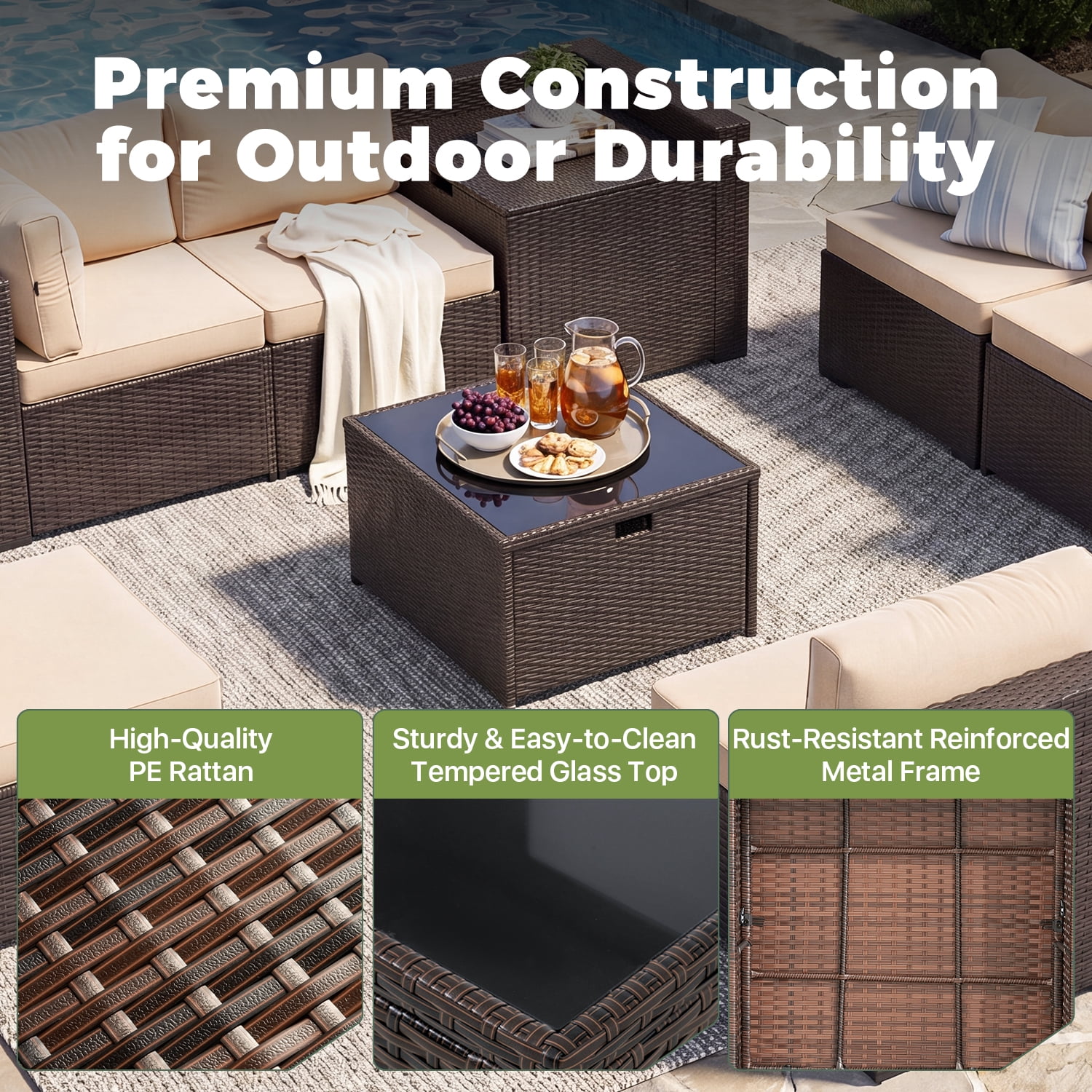 BaPiPro 8-Piece Brown Rattan Patio Sectional Sofa Set with Khaki Cushions, Dual Storage Design, Modular Outdoor Conversation Furniture for Backyard, Garden, Poolside