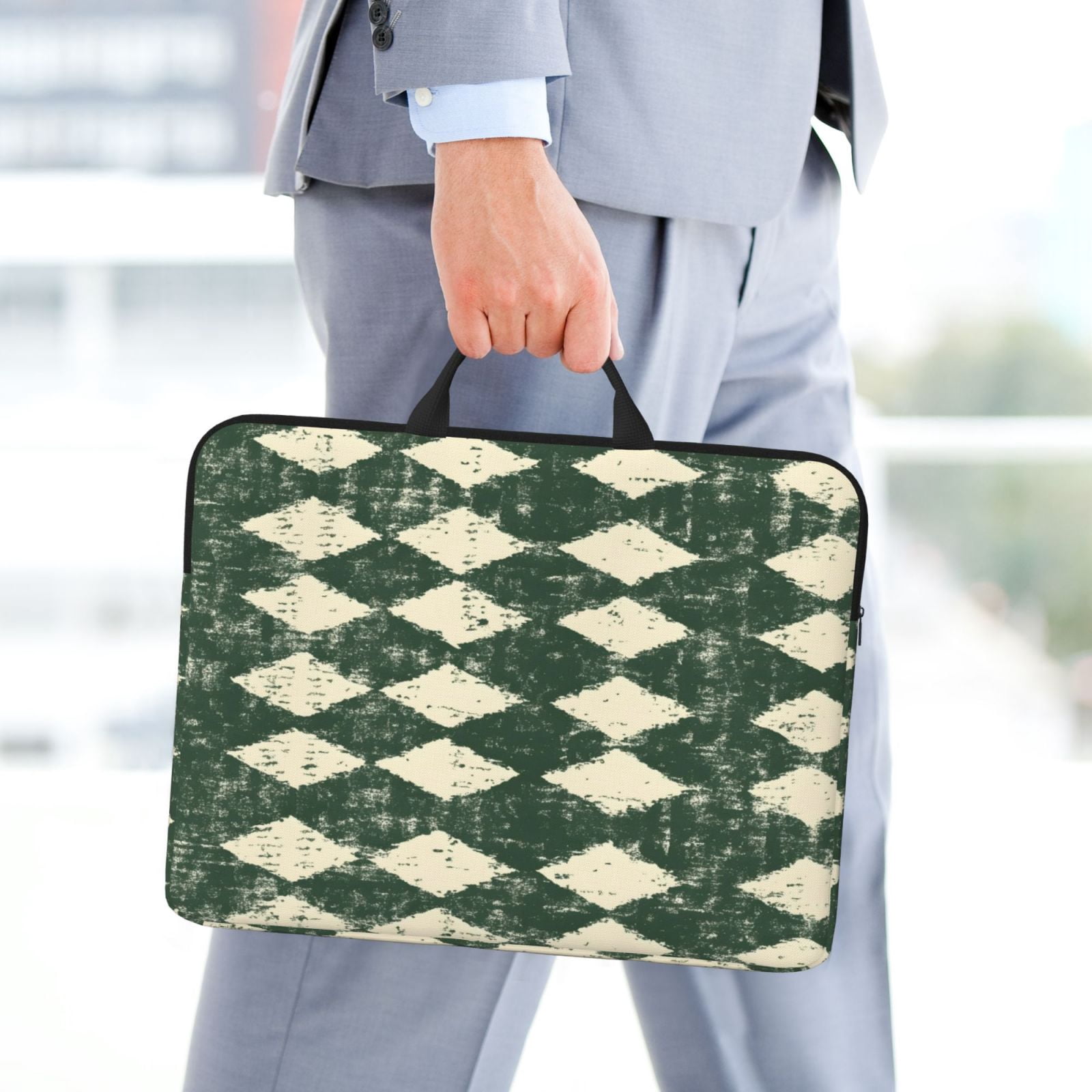 Laptop Sleeve Bag For Women Men 14inch Waterproof Durable Protective Computer Carrying Cover Handle Laptop Case Bag Green Houndstooth Vintage Texture Hand-Drawn Sketch_2
