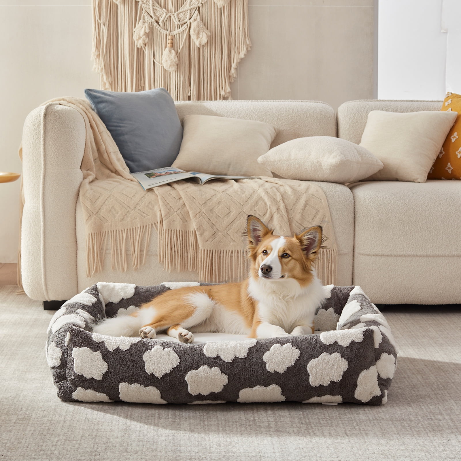 Cute Dog Bed for Medium Dogs, Cozy Rectangle Orthopedic Sofa , Washable Pet Beds with Jacquard Shaggy Plush and Anti Slip Bottom, Gray, 25"x21"x7"