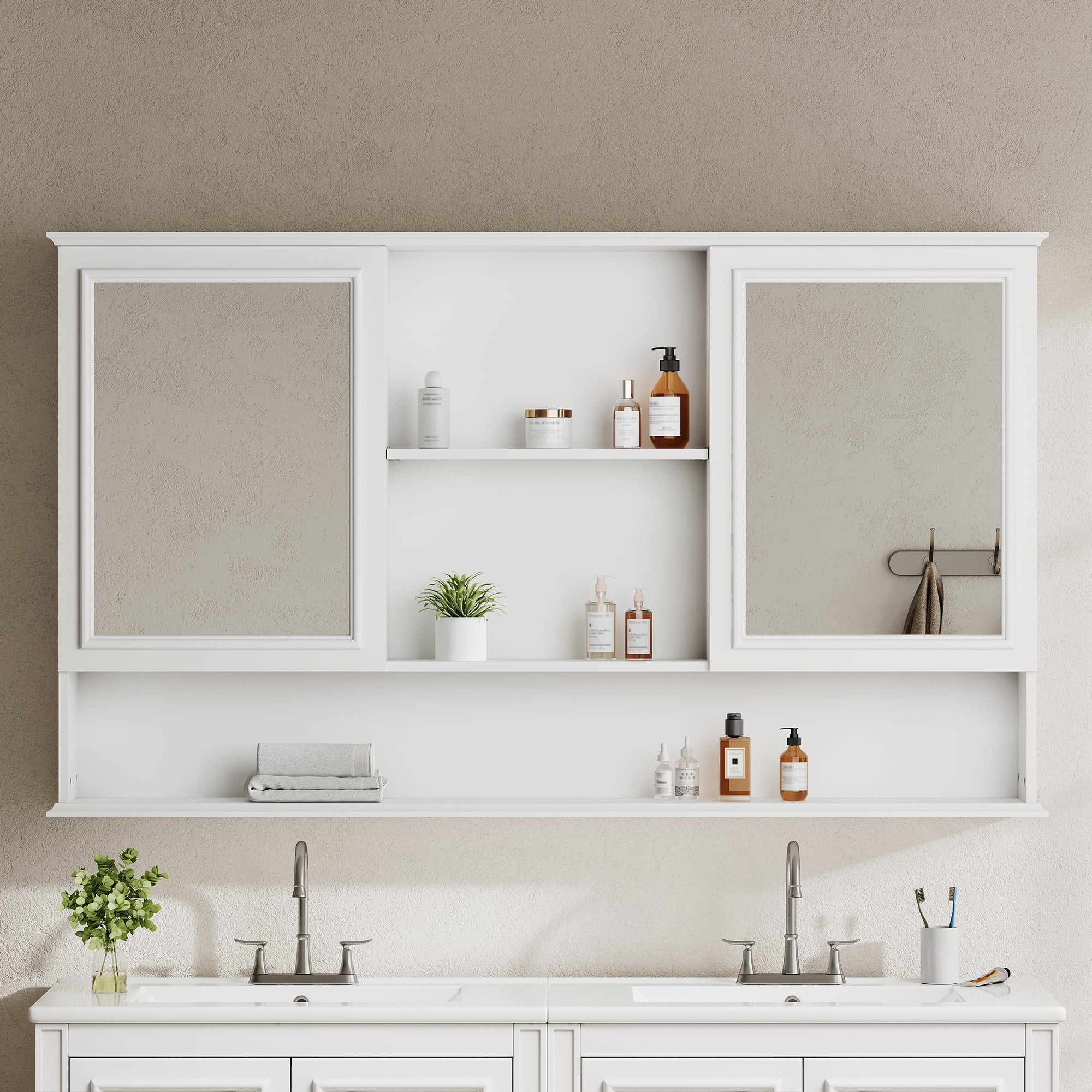 Mintazer 60" Wall Mounted Bathroom Medicine Cabinet with 2 Mirrored Doors, Adjustable Shelves & Soft Close Hinges for Bathroom Laundry Room, White