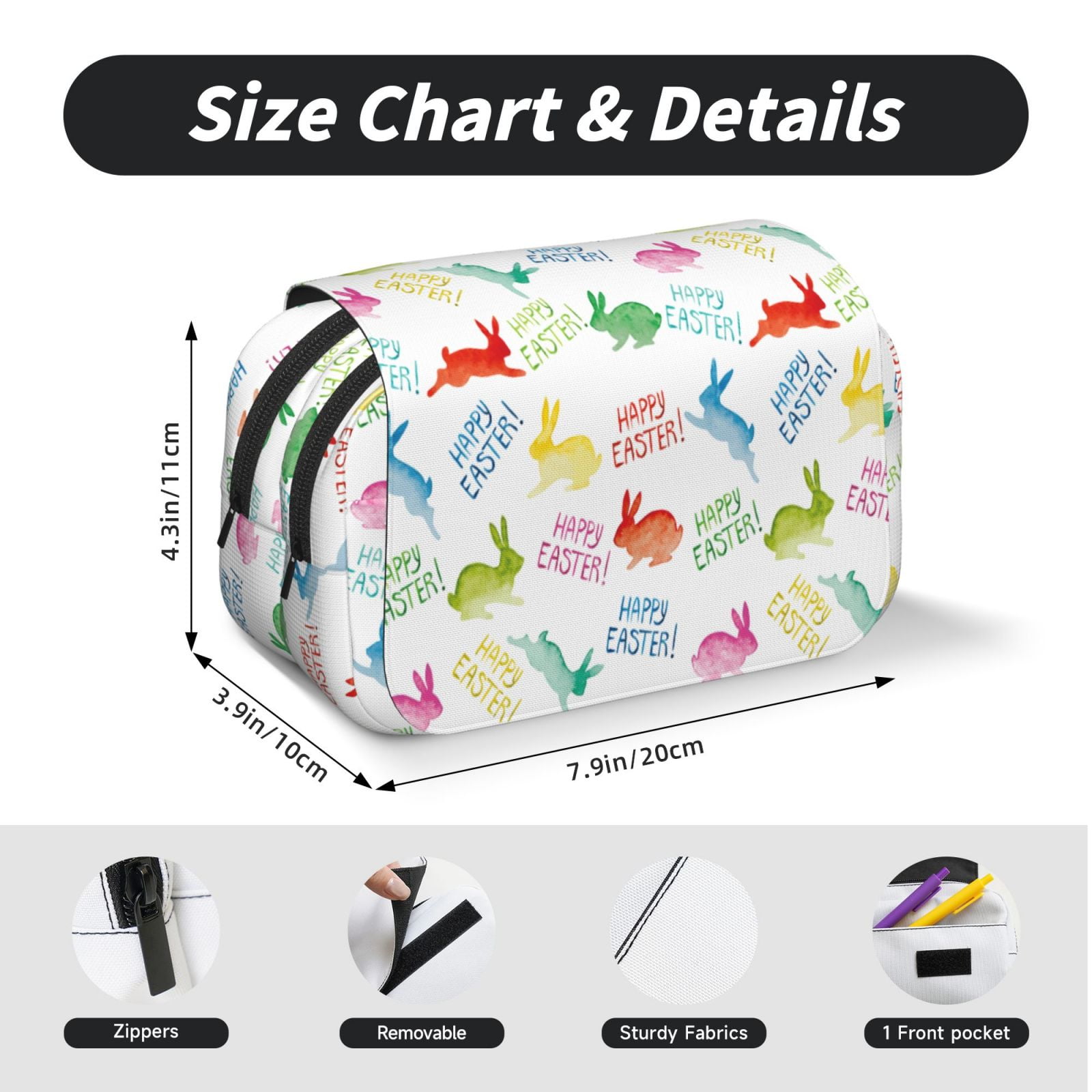 Rateoe Happy Easter Rabbit Pattern Double Clamshell Pen Case, Storage Organizer with Two Zipper Compartments– Holds Up to 50 Pencils & Pens