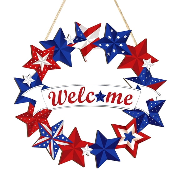 FastXmas 4th of July Decoration, Wooden Welcome Wreath For Front Door Red White And Blue Star Sign Patriotic Memorial Day Porch Wall Door Outside 250th Anniversary Decor(12*12 In)
