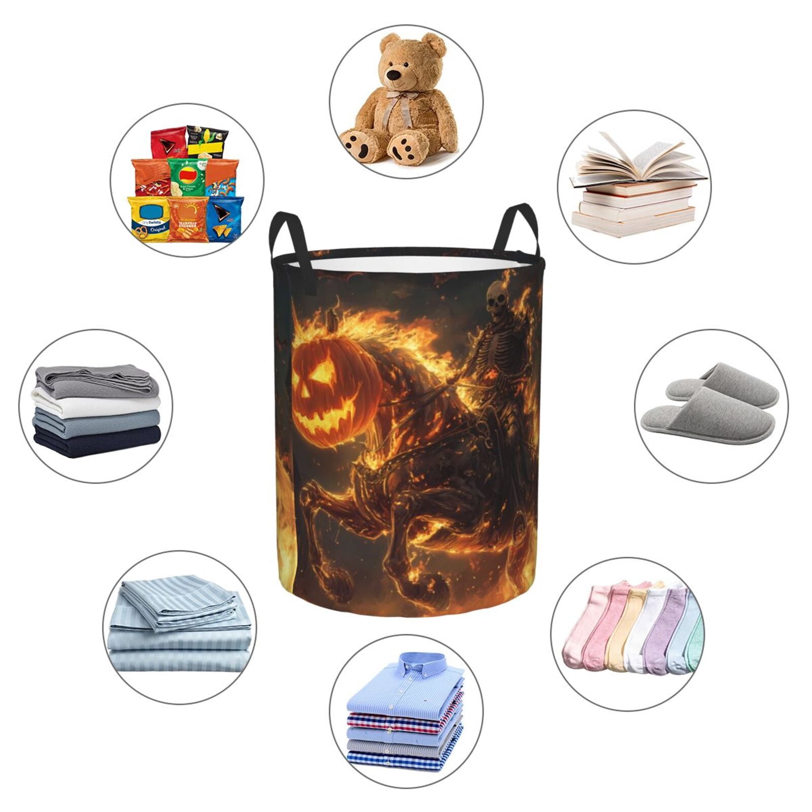 Large Laundry Basket with Handles - Halloween Flame Pumpkin Skeleton Knight B Kids Baby Dirty Clothes Laundry Hamper for Bedroom Aesthetic