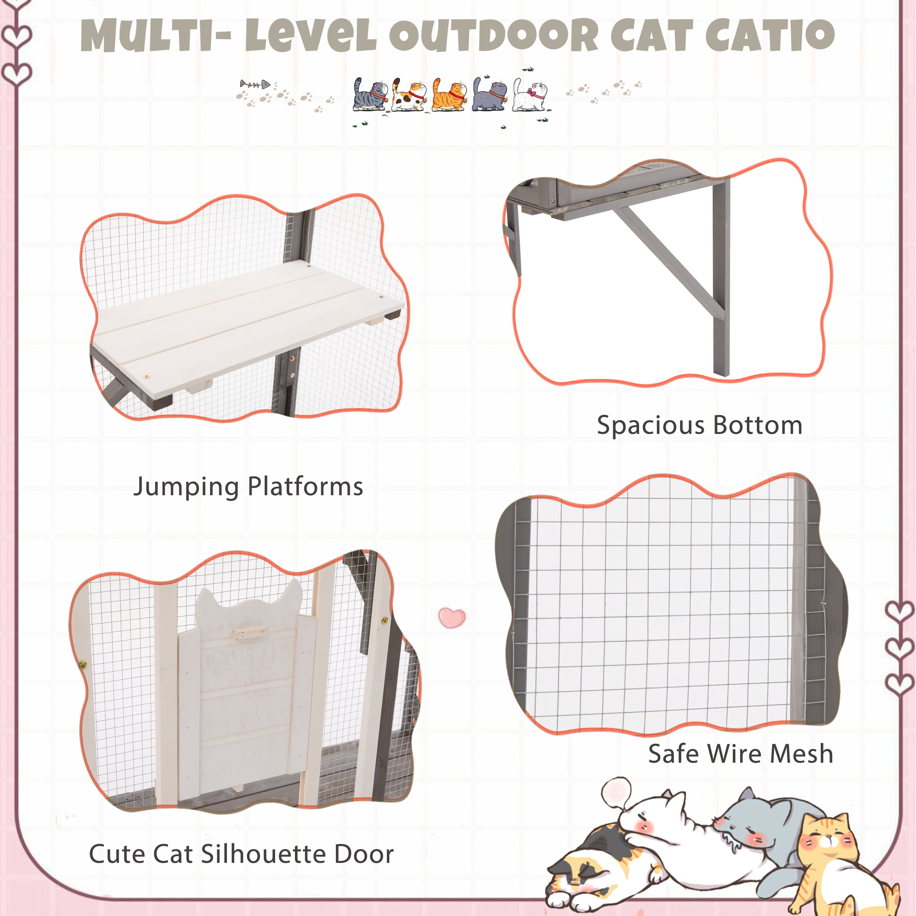 Outdoor Cat Catio Cat Climbing Catio Window Cat House Cat Patio Enclosure with Platforms for 1-3 Cats, Grey+White