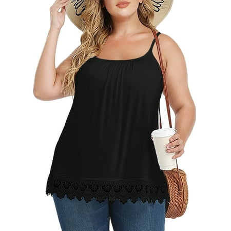 

QRIC Women Plus Size Cami with Built in Bra Cup Summer Casual Flowy Relaxed Swing Pleated Lace Adjustable Straps Camisole XL