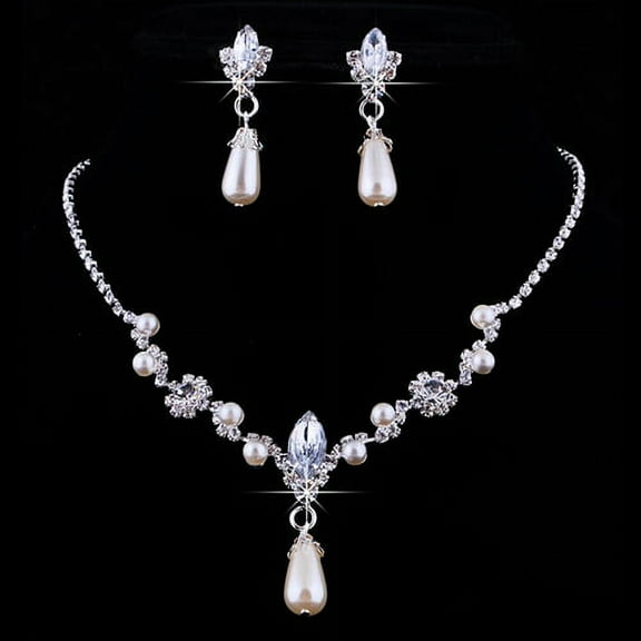 Limei 2 Pack Bridal Wedding Imitation Pearl Rhinestone Necklace Water Drop Earrings Set
