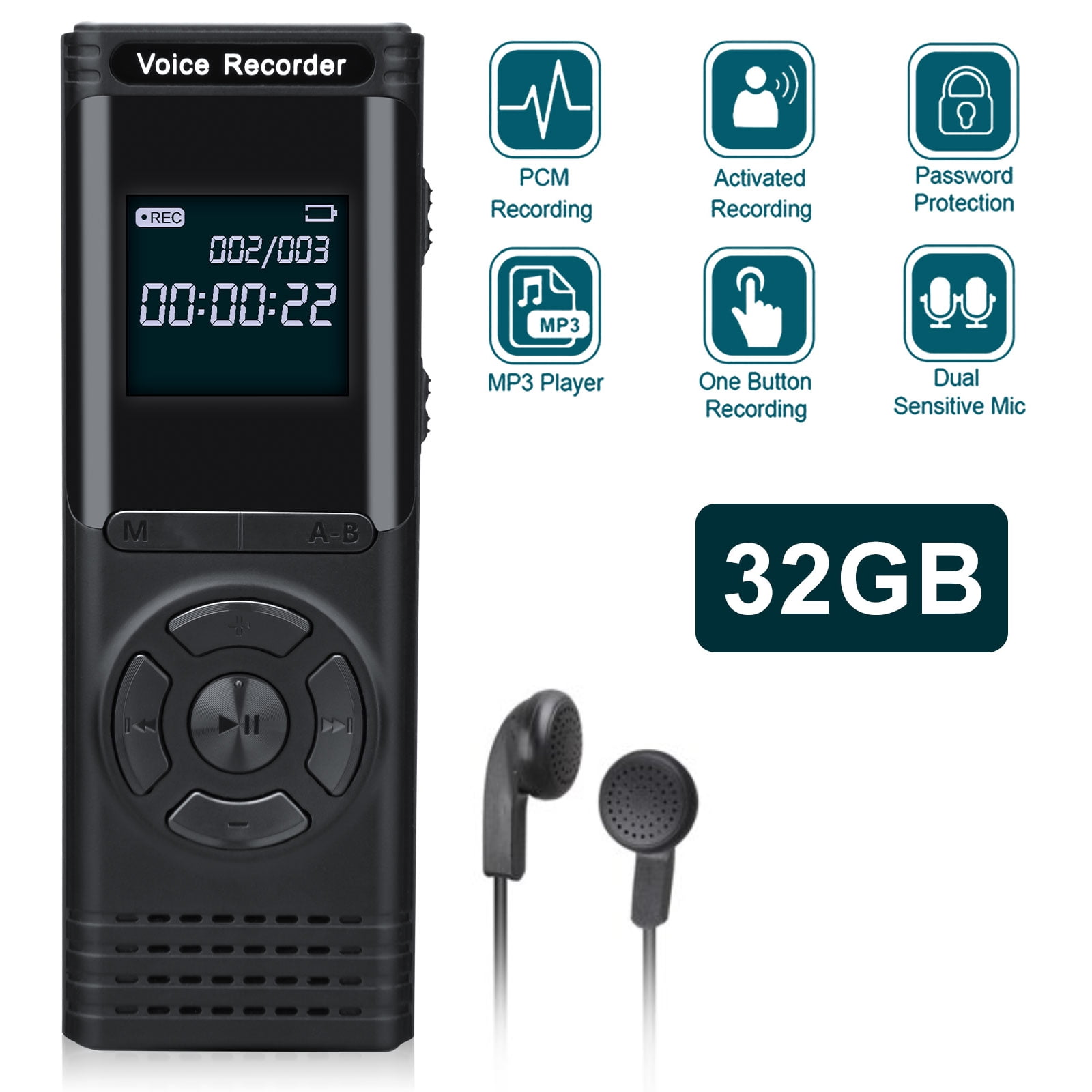 Portable Voice Activated Recorder Mini Sound Recorder Recording Device for Lecture Meeting Rechargeable Stereo HD MP3 Player 32GB Digital Voice Recorder Dictaphone Audio Recorder with Playback