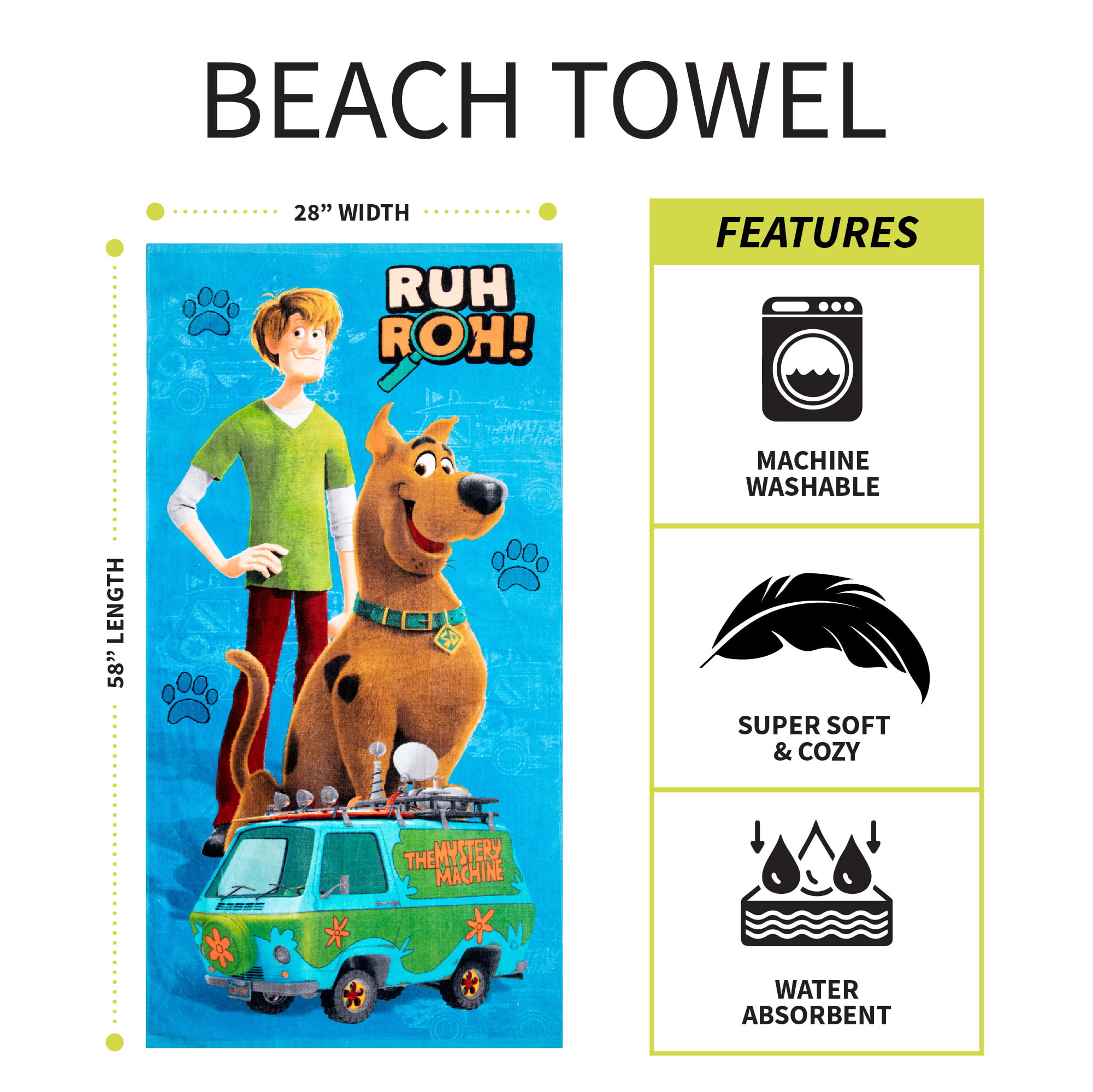 OFFICIAL SCOOBY DOO BEACH BATH TOWEL LARGE COTTON VELOUR-FEEL CHILDRENS 