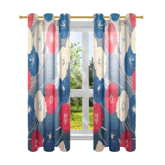 Red White and Blue Flowers Semi Sheer Curtains for Living Room Bedroom Set of 2 Insulated Window Drapes