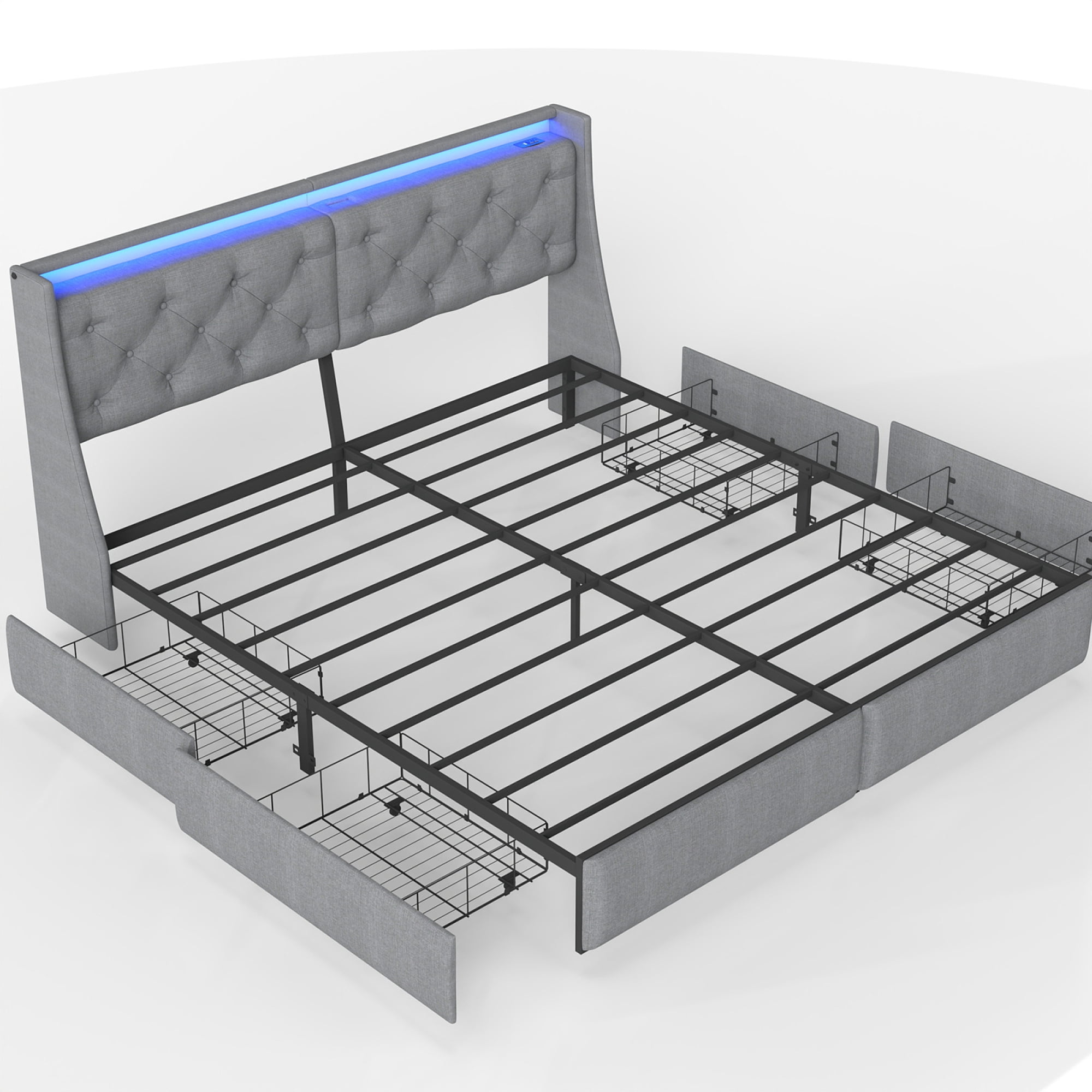 HOQBN King Size Bed Frame with Storage Headboard and 4 Drawers, Metal Bed Frame Platform with LED Light, Charging Station, No Box Spring Needed