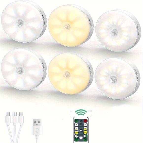 YOPTOP Warm/White LED Closet Lights Wireless Motion Sensor Night Light With Remote Control USB Rechargeable Puck Lights Dimmable Under Cabinet Indoor Lighting Magnet Stick-on Light For