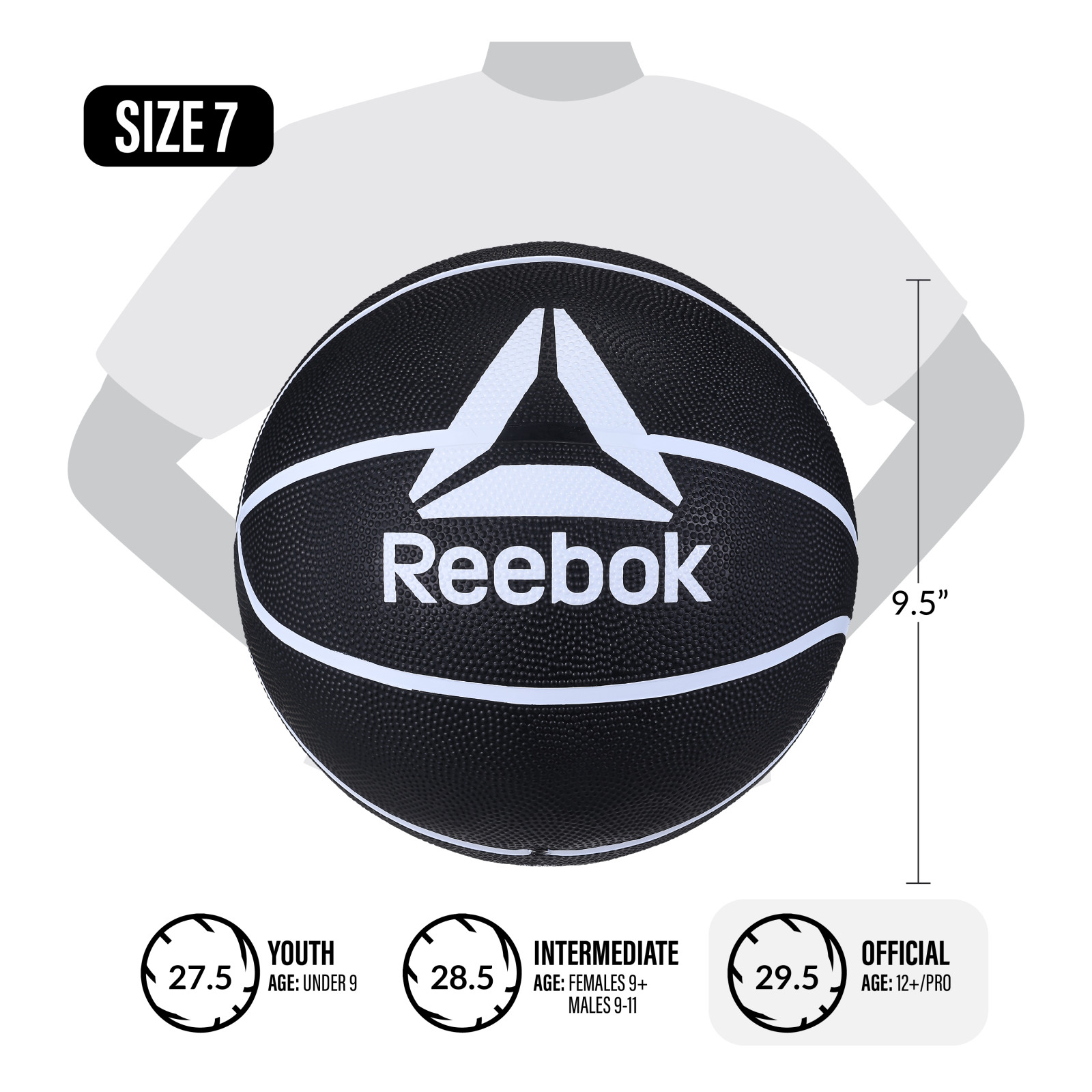 Reebok Size 7 Basketball with inflatable Pump - Durable Rubber Basketball for Indoor & Outdoor Play,Black – Official Size 7 Basketball for Adults and Teens
