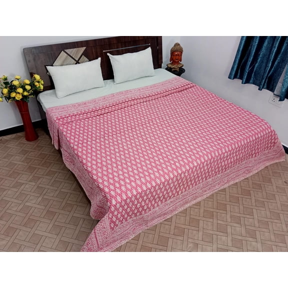 Pink Floral Kantha Quilt: Hand-Stitched Block Print Cotton Bedding