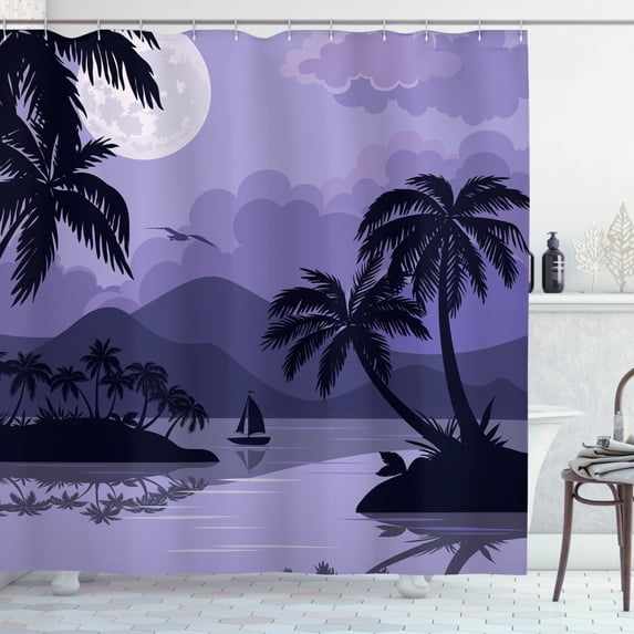 Tropical Shower Curtain, Caribbean Island Landscape at Night Full Moon Sailboat and Palm Trees, Fabric Bathroom Set with Hooks, 69W X 84L Inches Extra Long, Black Lavender White, by Ambesonne