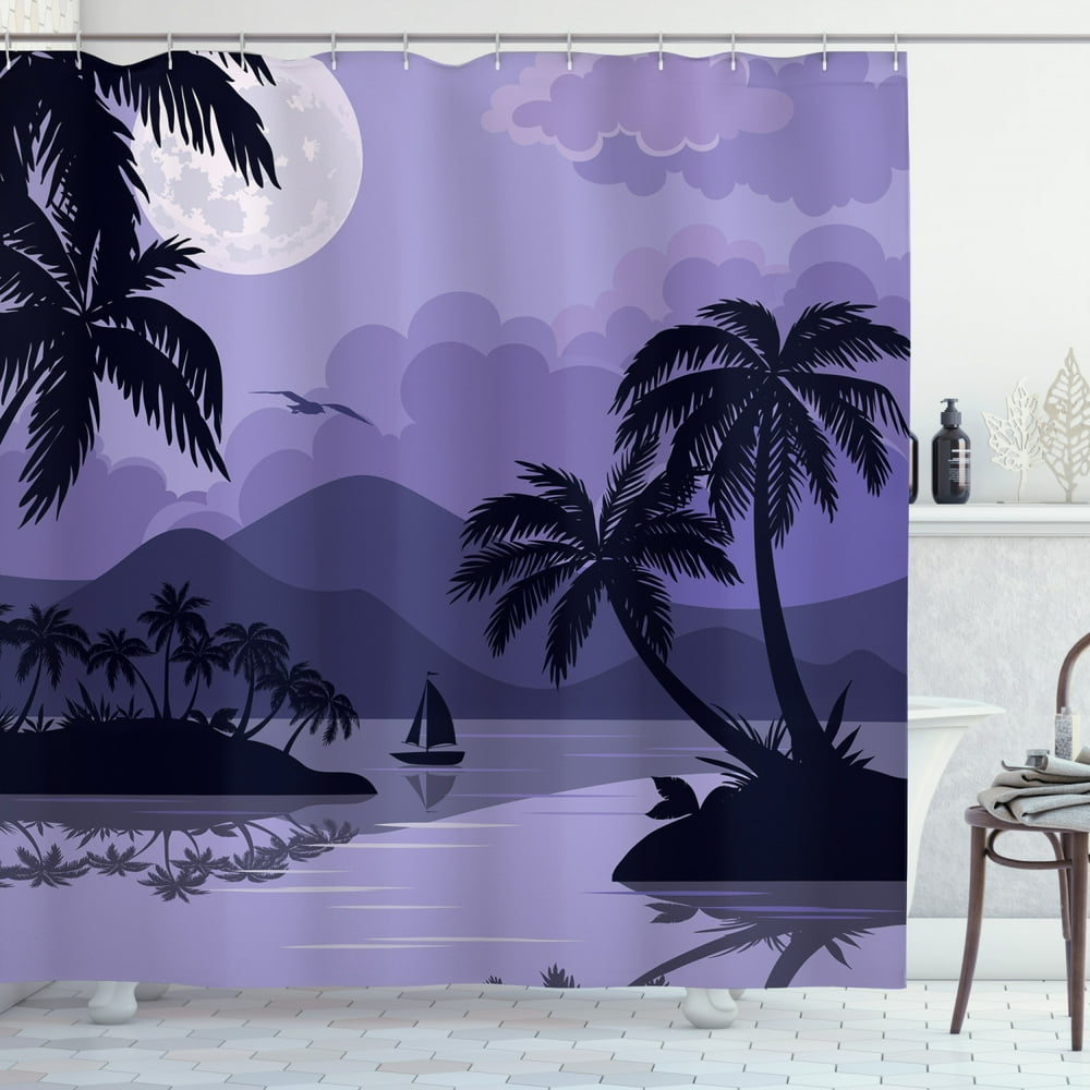 Tropical Shower Curtain, Caribbean Island Landscape at Night Full Moon