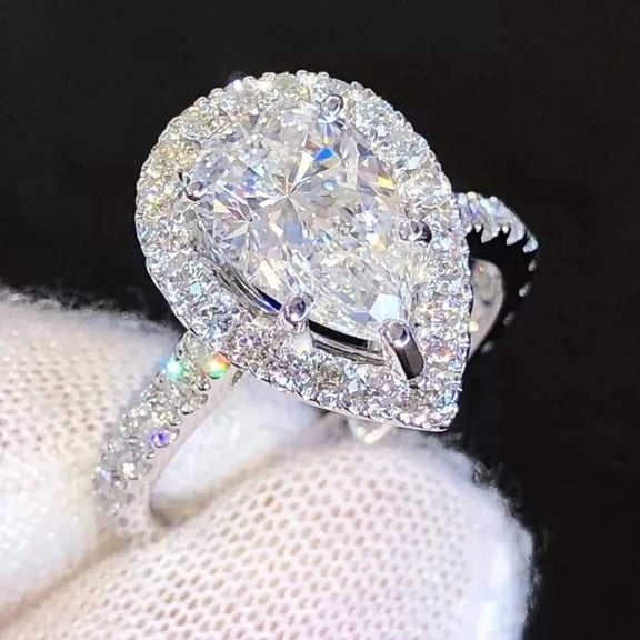 Halo Style Ring 14k White Gold Plated Real 925 Silver 2Ct Pear Cut Lab Created VVS1/D Diamond