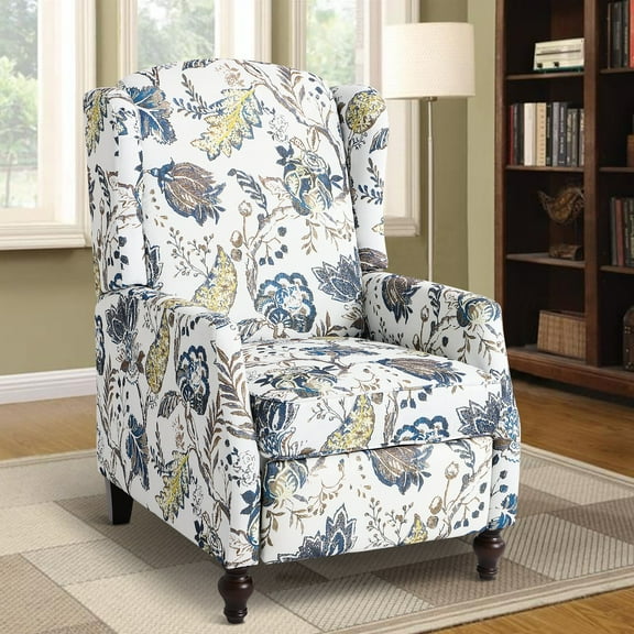 Upholstered Wingback Recliner Chair - Traditional Push Back Recliner - Fabric Floral Recliner Chair