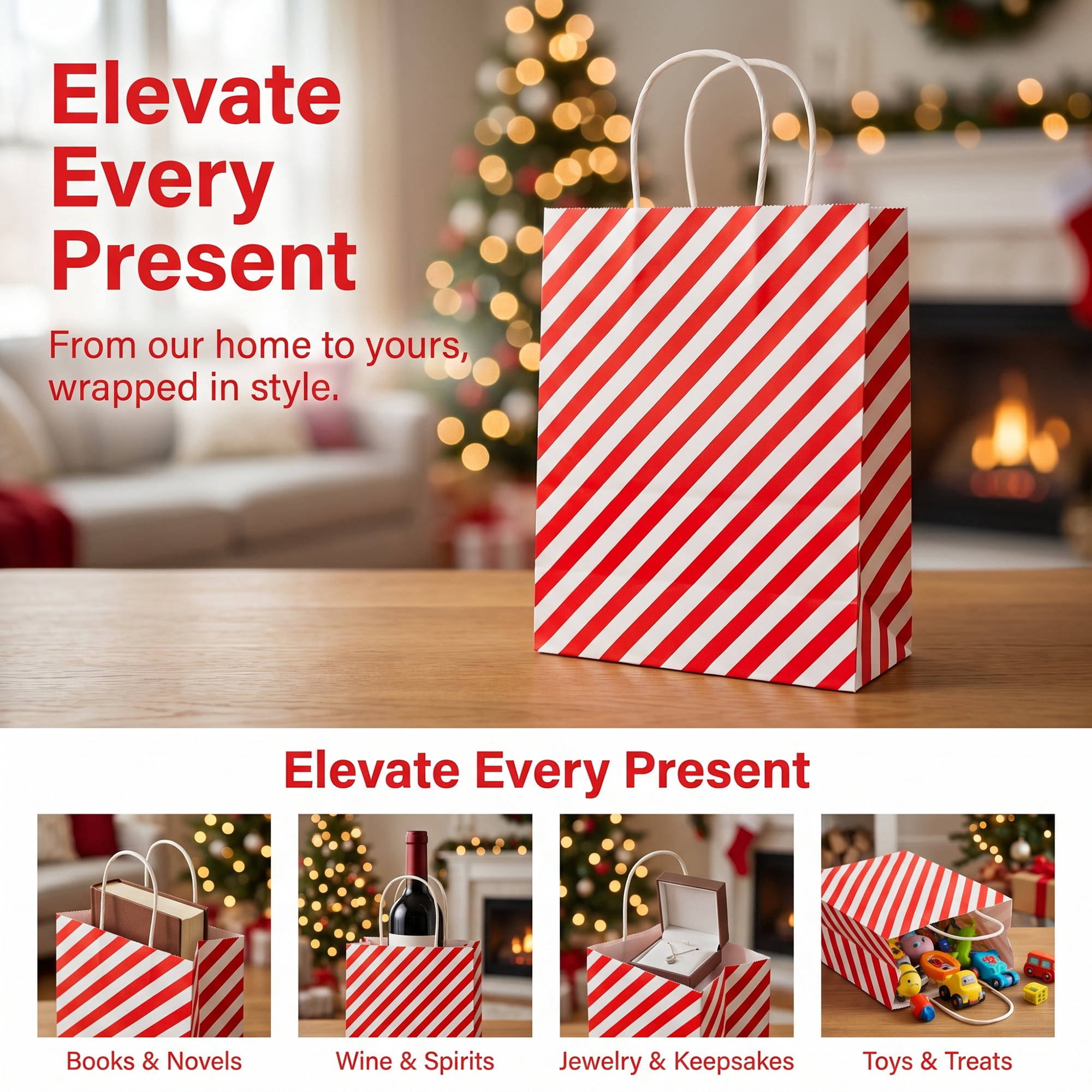 Unique Bargains 6Pcs Elegant Diagonal-stripe Gift Bag with Handles Red 8.7" x 4.3" x 10.6"