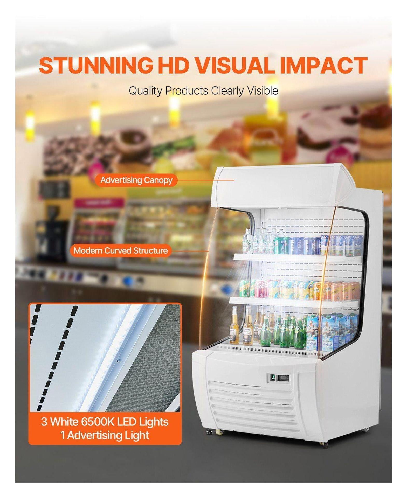 Open Air Merchandiser Cooler, 12.7 cu.ft 2-Tier Display Refrigerator with Air Curtain - Stainless Steel Commercial Refrigerator for Convenience Stores & Restaurants