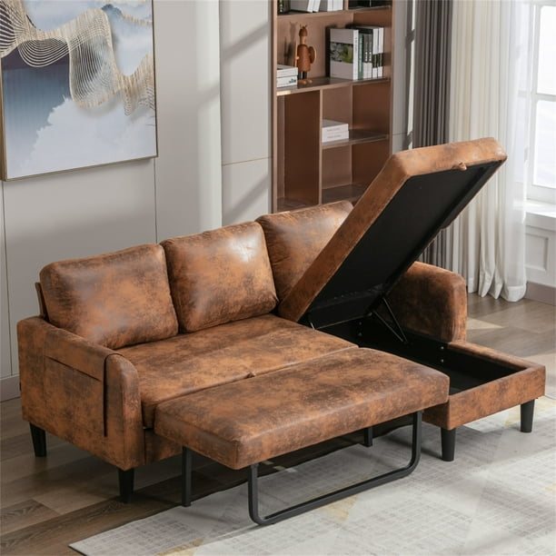 Resenkos Air Leather L Shaped Sleeper Sectional Sofa with Storage