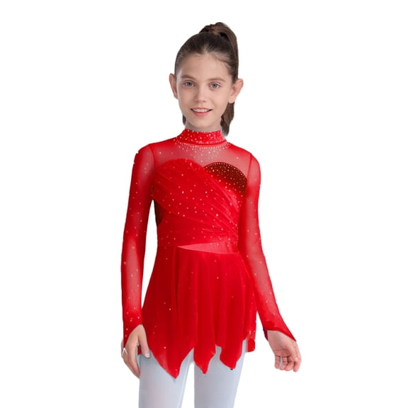 TTAO Kids Girls Figure Skating Dress Shiny Rhinestone Mesh Long Sleeve Ballet Skirted Leotard Lyrical Dance Dress Red 16