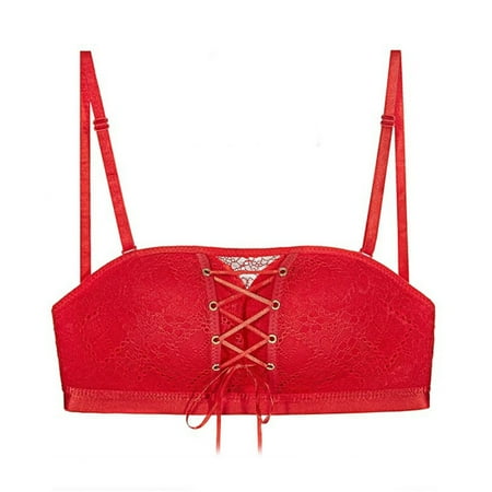 

Strapless Lace Drawstring Bandeau for Daliy Push up Sponge Bra with Detachable Strap for Wedding Party Fall-off-proof Big Red 32/70A