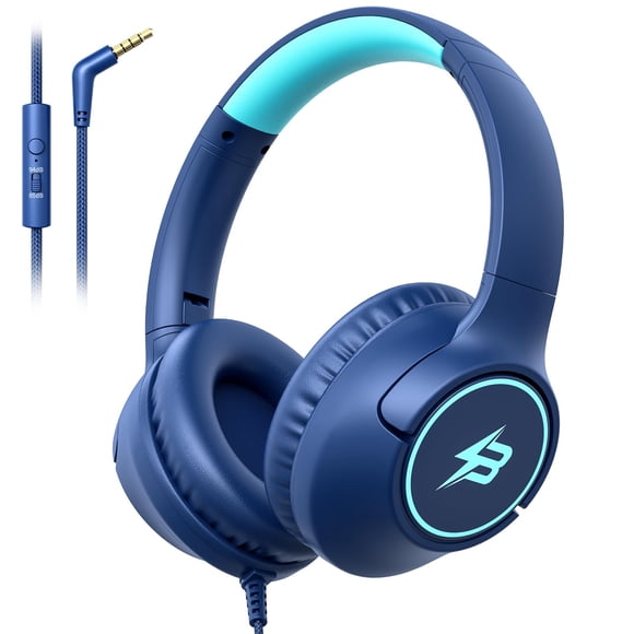 Auriculares Botesty Sound para niños con cable para colocar sobre la oreja y micrófono, color azul marino