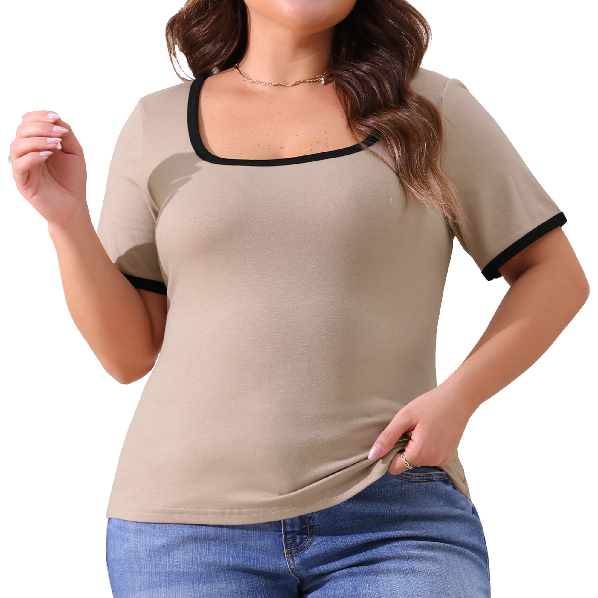 DARING DIVA Women's Plus Square Neck Ribbed Slim Fit Tee 1X Light Camel