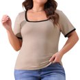 thumbnail image 2 of DARING DIVA Women's Plus Square Neck Ribbed Slim Fit Tee 3X Light Camel, 2 of 6
