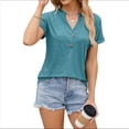 thumbnail image 1 of Camisetas de Mujer Modernas con Cuello en V y Botones, de Corta, Informales, Básicas, Holgadas Azul Pavo Real XL, 1 of 10