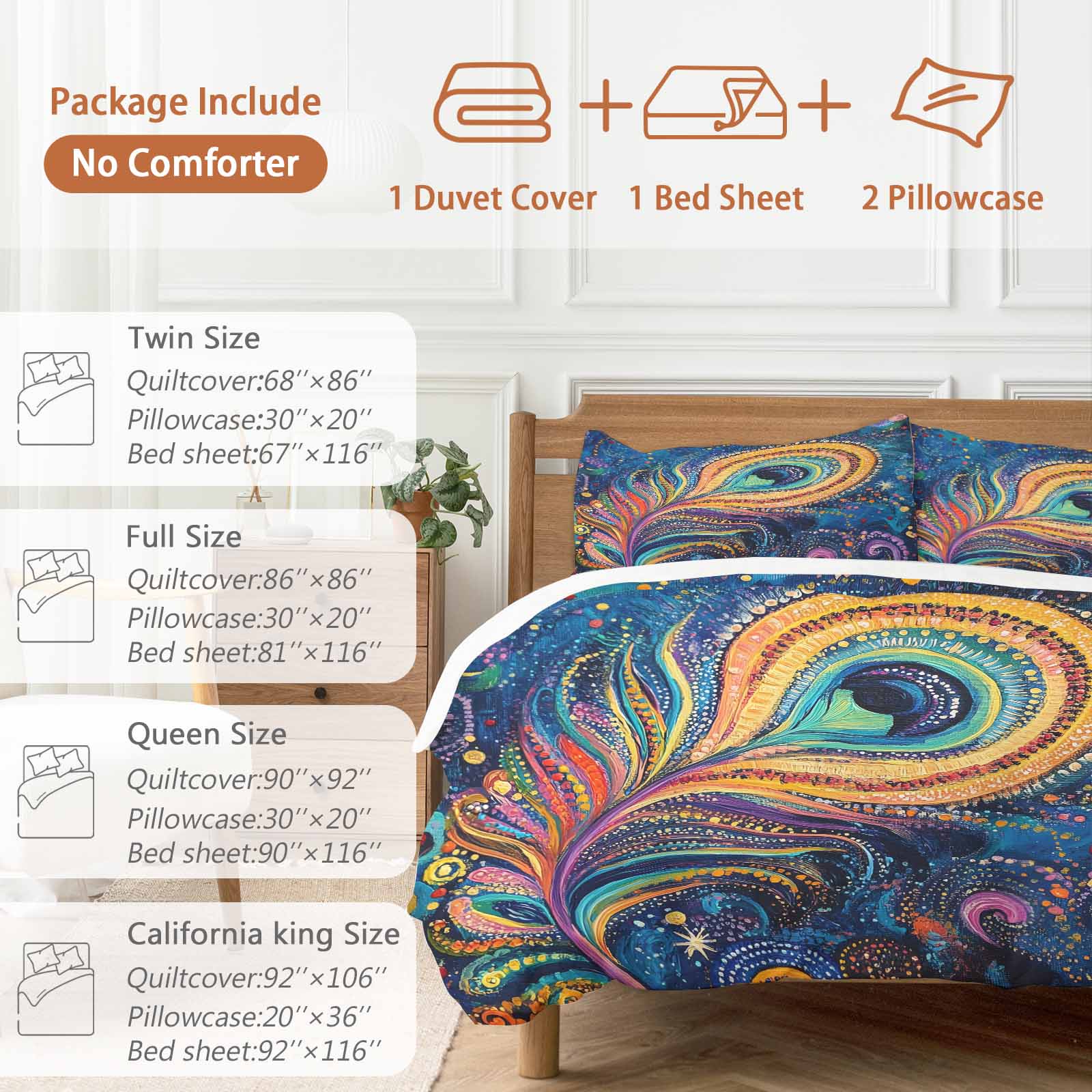Abstract Peacock Feathers Duvet Cover Set King Size, Blue Ombre 4 Piece Soft Microfiber Bedding Set with 1 Duvet Cover, 1 Flat Sheet, 2 Pillowcases