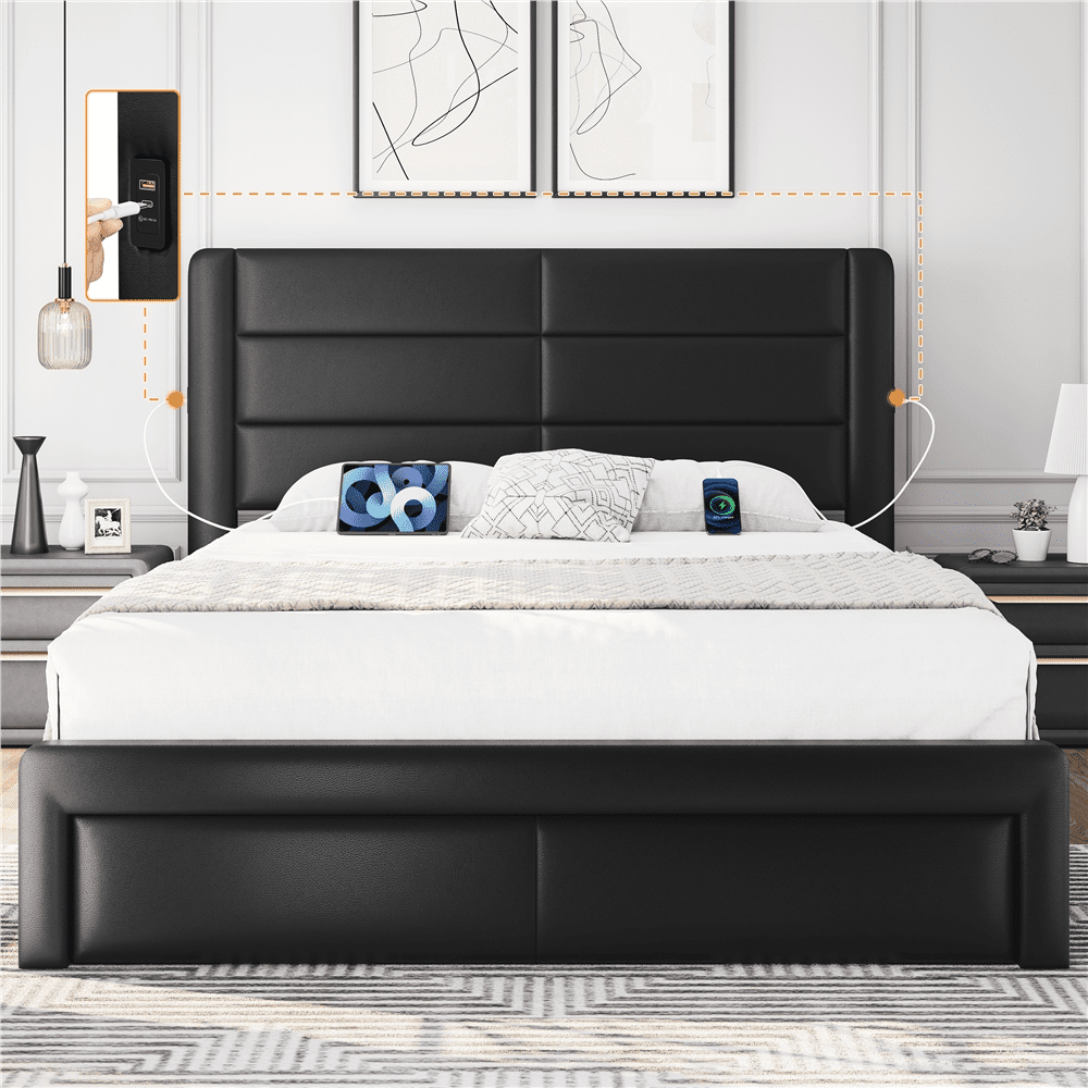 Yaheetech Upholstered Queen Bed with 3 Storage Drawers and Built-In USB Ports/Leather,Black